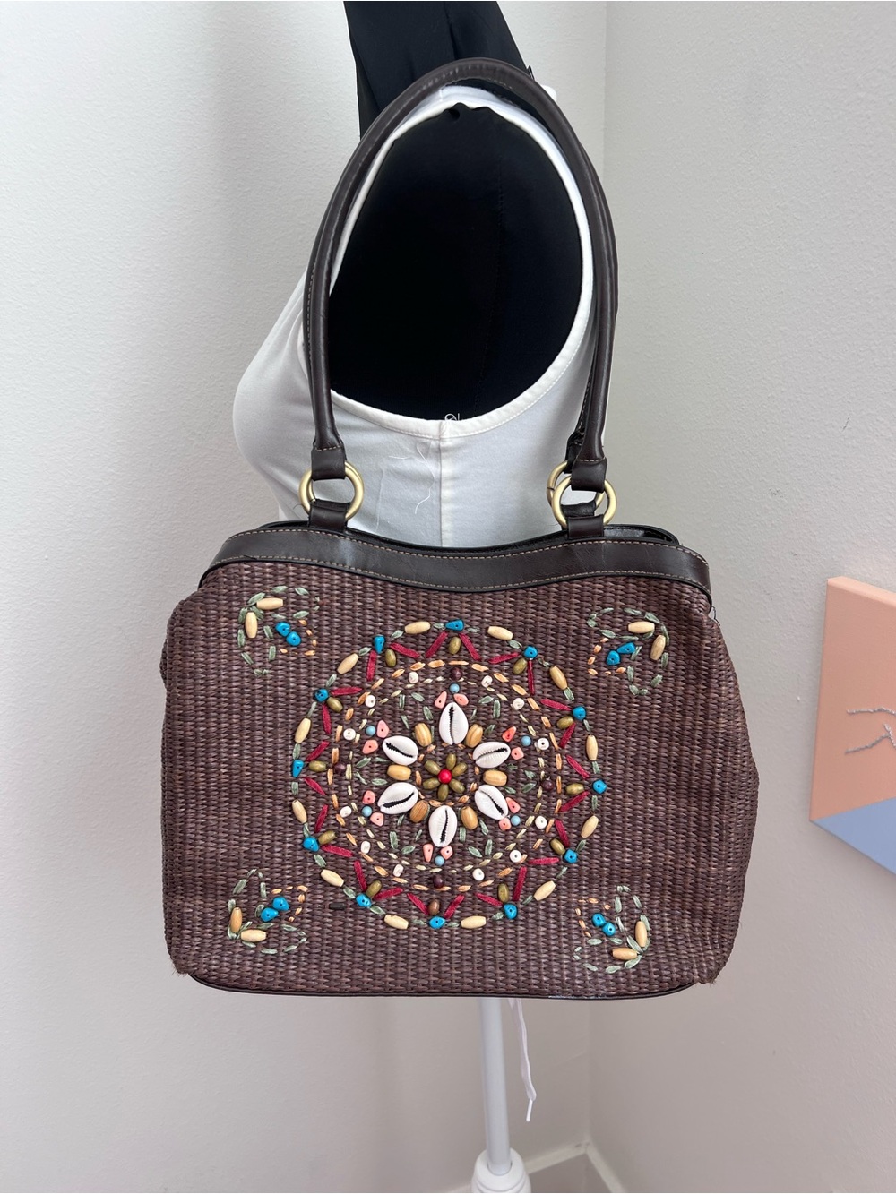 Boho Brown Woven Beaded Shell Shoulder Bag – Cowrie Shell Embroidered Handbag